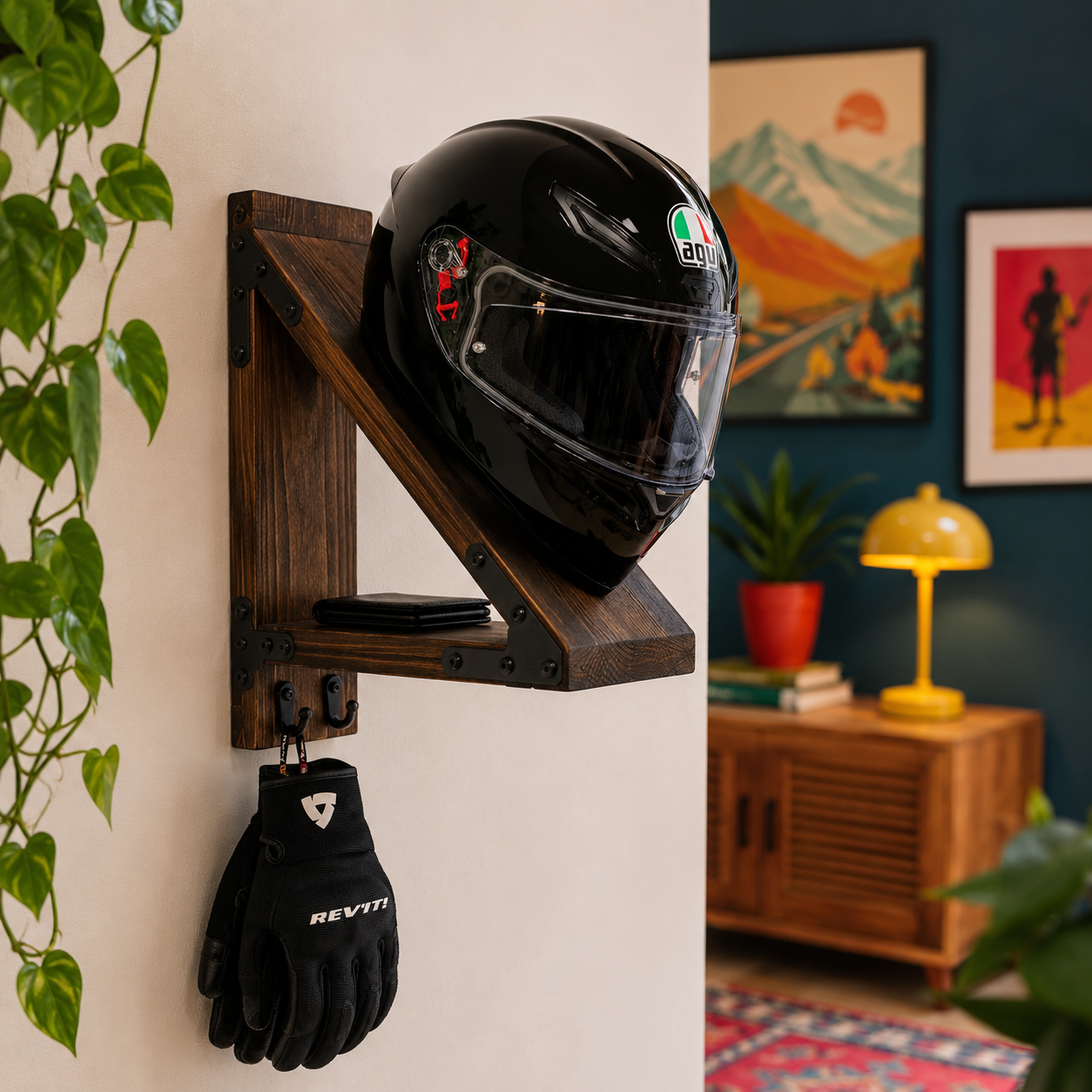 Tago Doğal Ahşap Motosiklet Ekipman Organizer / Kask Standı